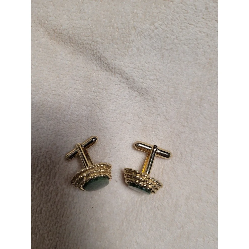 Vintage Gold Tone Green Stone Oval Cufflinks Textured‎ Rope Border Mens Jewelry